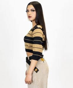 New Release FB County Charlie Brown 3/4 Sleeve Crop Top - Black/Tan