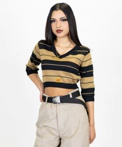 New Release FB County Charlie Brown 3/4 Sleeve Crop Top - Black/Tan