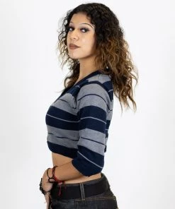 New Release FB County Charlie Brown 3/4 Sleeve Crop Top - Navy/Heather