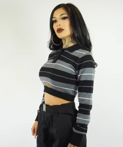 FB County Long Sleeve Charlie Brown Crop Top - Black/Grey/White New Release
