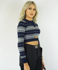 New Release FB County Long Sleeve Charlie Brown Crop Top - Navy/Grey/White
