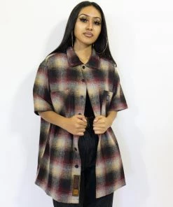 FB County Short Sleeve Wool Shirt - Burgundy/Black/Tan