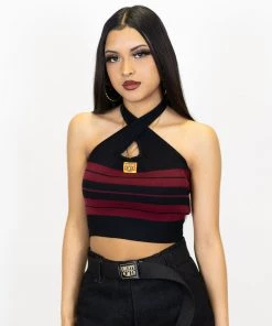 New Release FB County Charlie Brown Cross Halter Top - Black/Burgundy