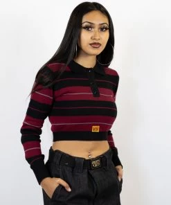 FB County Long Sleeve Charlie Brown Crop Top - Black/Burgundy/Grey New Release