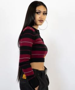 FB County Long Sleeve Charlie Brown Crop Top - Black/Burgundy/Grey New Release