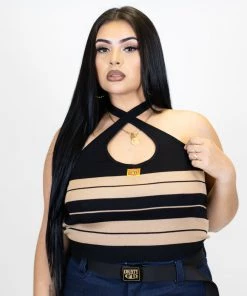 FB County Charlie Brown Cross Halter Top - Black/Tan