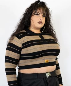 FB County Long Sleeve Charlie Brown Crop Top - Black/Tan/Grey
