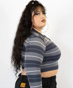 FB County Long Sleeve Charlie Brown Crop Top - Charcoal/Grey/White