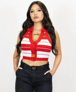 FB County Collared Halter Top - Red/White New Release