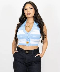 FB County Collared Halter Top - Sky/White