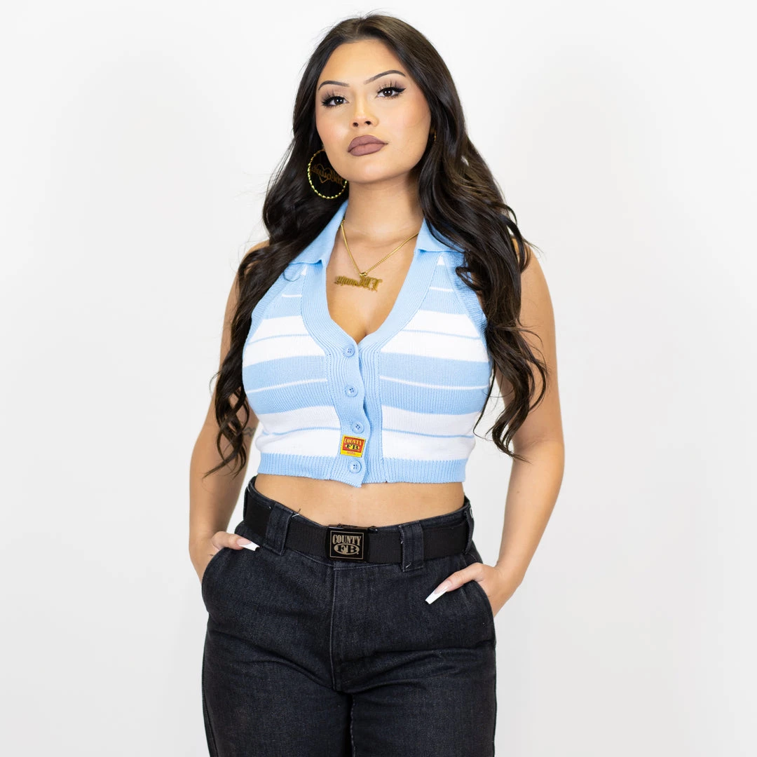 FB County Collared Halter Top - Sky/White 3 FB County Collared Halter Top - Sky/White