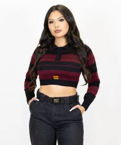 FB County Long Sleeve Charlie Brown Crop Top - Black/Burgundy