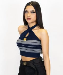 FB County Charlie Brown Cross Halter Top - Navy/Heather