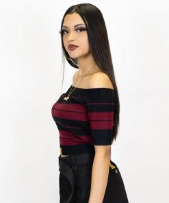 New Release FB County Charlie Brown "Off The Shoulder" Crop Top - Black/Burgundy
