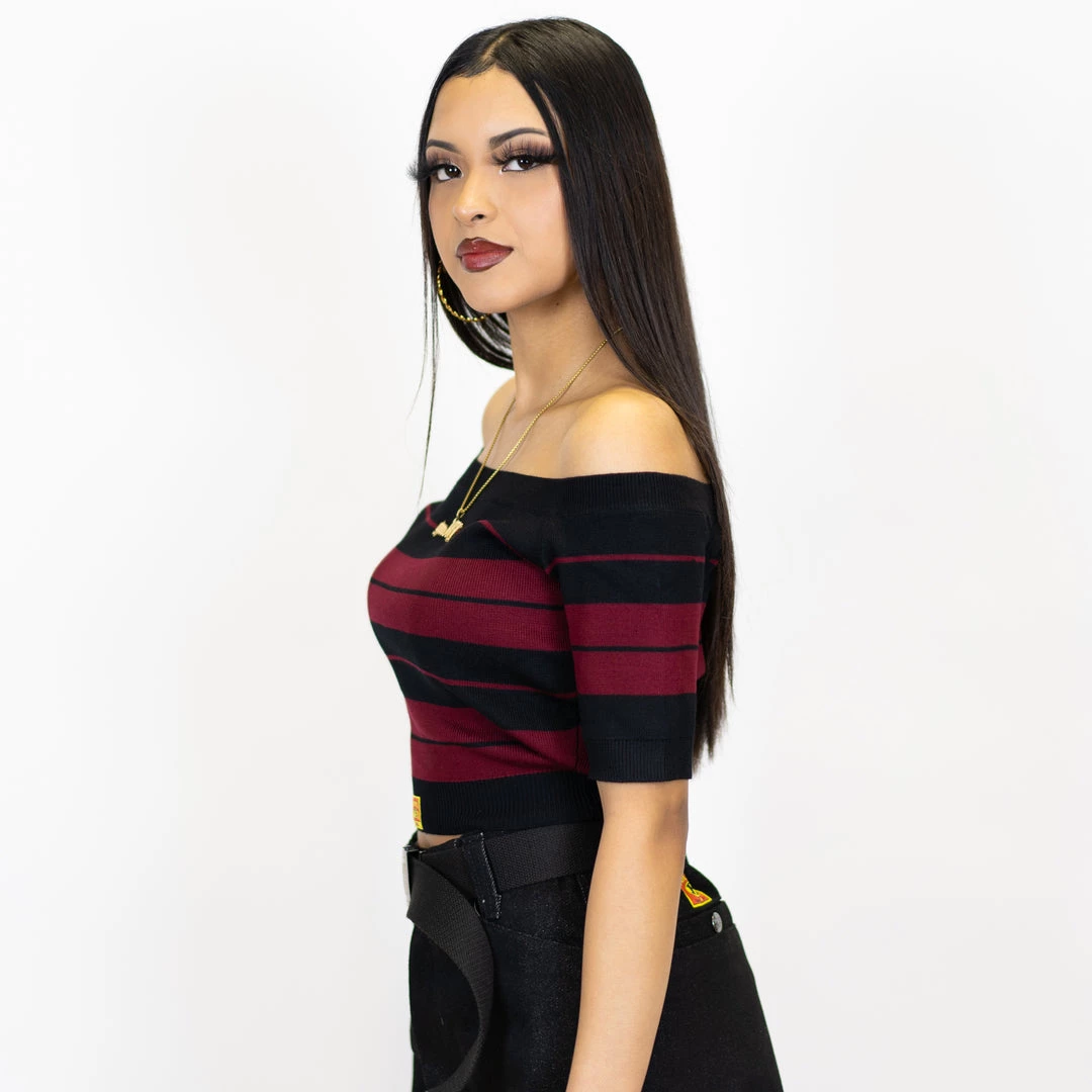 New Release FB County Charlie Brown "Off The Shoulder" Crop Top - Black/Burgundy 4 New Release FB County Charlie Brown "Off The Shoulder" Crop Top - Black/Burgundy
