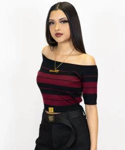 Cheap FB County Store 14 New Release FB County Charlie Brown "Off The Shoulder" Crop Top - Black/Burgundy