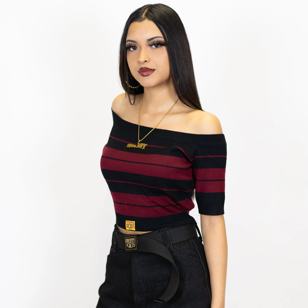 New Release FB County Charlie Brown "Off The Shoulder" Crop Top - Black/Burgundy 3 New Release FB County Charlie Brown "Off The Shoulder" Crop Top - Black/Burgundy