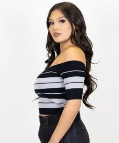 New Release FB County Charlie Brown "Off The Shoulder" Crop Top - Black/Grey