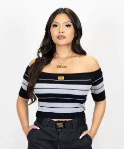 New Release FB County Charlie Brown "Off The Shoulder" Crop Top - Black/Grey
