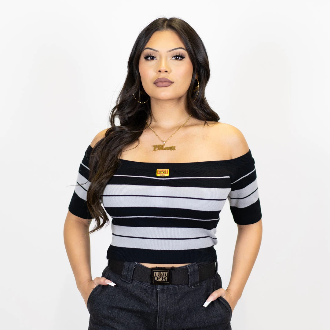 New Release FB County Charlie Brown "Off The Shoulder" Crop Top - Black/Grey 3 New Release FB County Charlie Brown "Off The Shoulder" Crop Top - Black/Grey