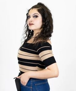 FB County Charlie Brown "Off The Shoulder" Crop Top - Black/Tan New Release