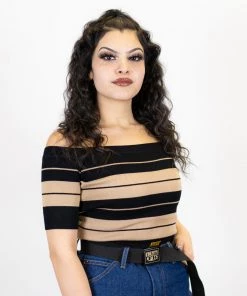 FB County Charlie Brown "Off The Shoulder" Crop Top - Black/Tan New Release