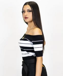 FB County Charlie Brown "Off The Shoulder" Crop Top - Black/White