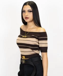 FB County Charlie Brown "Off The Shoulder" Crop Top - Brown/Tan