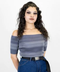 New Release FB County Charlie Brown "Off The Shoulder" Crop Top - Charcoal/Grey