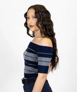 New Release FB County Charlie Brown "Off The Shoulder" Crop Top - Navy/Heather