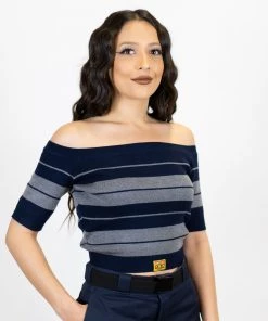 New Release FB County Charlie Brown "Off The Shoulder" Crop Top - Navy/Heather