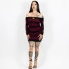 FB County Long Sleeve Off The Shoulder Dress - Black/Burgundy