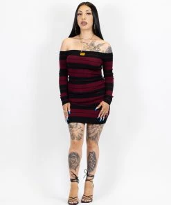FB County Long Sleeve Off The Shoulder Dress - Black/Burgundy