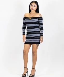 FB County Long Sleeve Off The Shoulder Dress - Black/Grey New Release