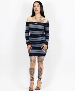 New Release FB County Long Sleeve Off The Shoulder Dress - Navy/Heather