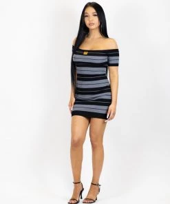 FB County Short Sleeve Off The Shoulder Dress - Black/Grey