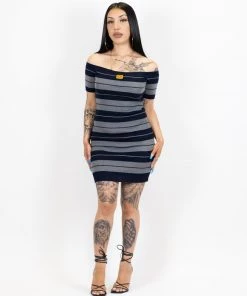 FB County Short Sleeve Off The Shoulder Dress - Navy/Heather New Release